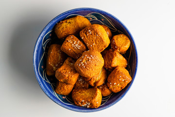 Pretzel nuggets in a blue bowl