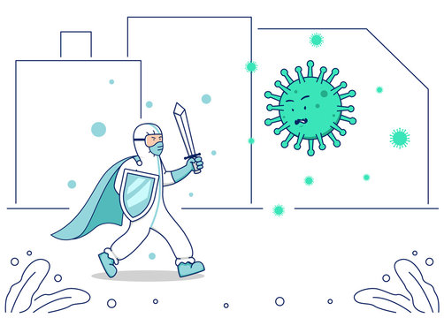 Vector Illustration Covid Corona Virus Fight, Doctor Hazmat Suit With Warrior Sword And Shield Fight Coronavirus Illustration Concept