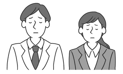 スーツ姿の男女 モノクロ 謝罪