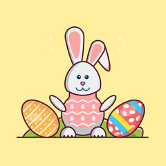 Flat Illustration Vector Graphic of Rabbit, Egg, and Grass. Perfect for Happy Easter Element, Web Banner, Social Media, and etc.