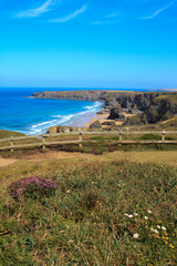 Bedruthan Steps (England), UK - August 13, 2015: Bedruthan Steps beach and coast, Cornwall, United...