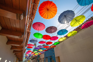 Fototapeta na wymiar Colombia, Scenic colorful streets of Cartagena in historic Getsemani district near Walled City (Ciudad Amurallada)