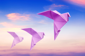 Three Pink Pigeons In The Sky At Sunrise. Paper doves of peace on a blue sky background.