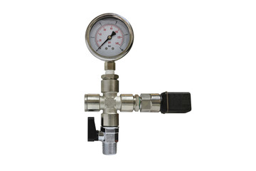 Pressure gauge connecting with three way and ball valve isolated on white background.