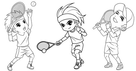 Collection of cartoon boy playing tennis ball used for coloring book