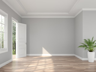 Classical style empty entrance hall 3d render,The rooms have wooden floors and gray walls ,decorate with white moulding,there are open door looking out to the balcony and nature view. - obrazy, fototapety, plakaty