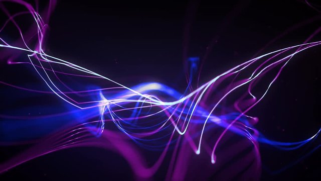 Cosmic String Theory Background 4K Loop features multicolored particles strings coming into and out of view in a seamless loop.