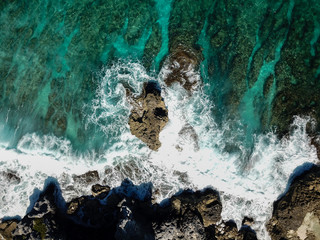 View from the bird-eye to the beautiful turquoise ocean and sandy beach, Caribbean sea, shot on  a drone
