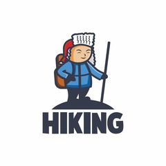 Sherpa climbs the mountain, travel and expedition logo template. Sherpa hiking with stick. character, cartoon, adventure, backpack, climbing, activity, expedition, explore