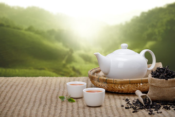 Warm cup of tea with teapot, green tea leaves and dried herbs on the bamboo mat at morning in...