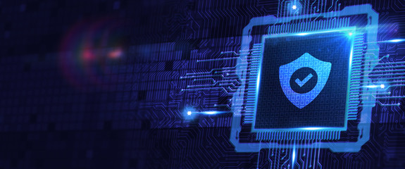 Cyber security data protection business technology privacy concept. Young businessman  select the icon security on the virtual display.