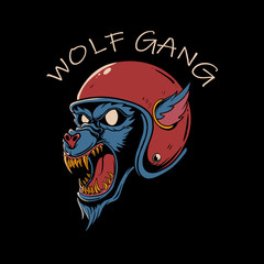 Angry wolf head wearing vintage helmet. Wolf gang motorcycle design for t-shirt, poster, or sticker