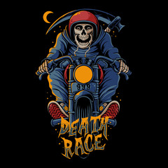 Skull riding vintage motorcycle vector illustration.  Death race design for t-shirt, poster, or sticker