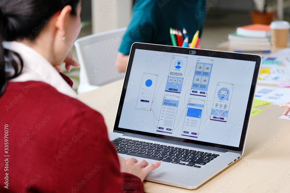Wall mural website designer, creative planning phone app development template layout framework wireframe design