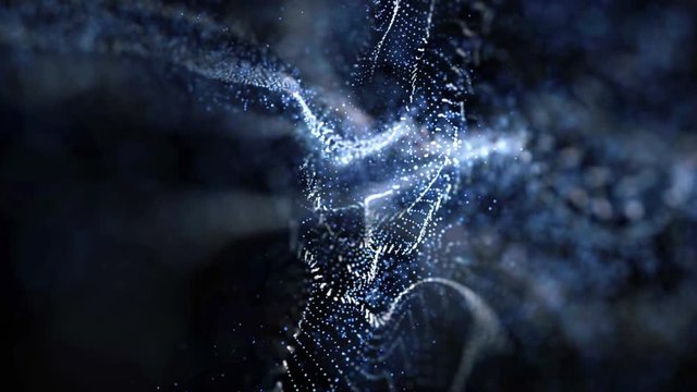 Blue Particle Field Fly Through 4K Loop features a camera view flying through space particle strings in a seamless loop.