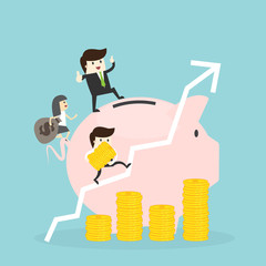 Business team partnership work for money to piggy bank