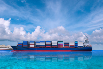 Container ship sailing in the sea arrives at port Logistic import export background of container...
