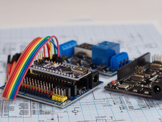 Electronic DIY project Arduino.Electronics and microprocessor.Drawing on a light background.Do it...