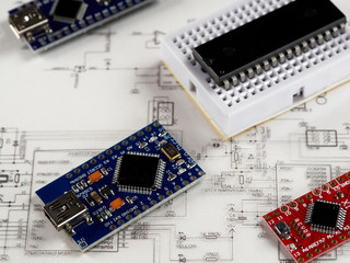 Electronic DIY project Arduino.Electronics and microprocessor.Drawing on a light background.Do it...