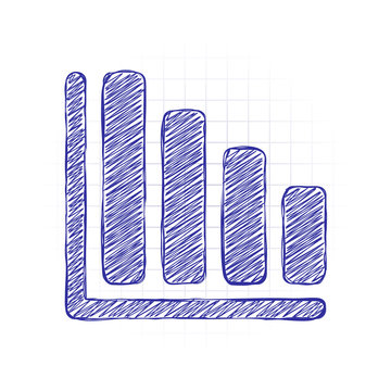 Declining graph line icon. Hand drawn sketched picture with scribble fill. Blue ink. Doodle on white background