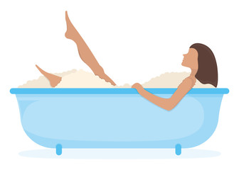 Character female lie in bathroom, washroom foam, relaxing in bath isolated on white, flat vector illustration. Stay at home.