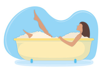 Character female lie in bathroom, washroom foam, relaxing in bath isolated on white, flat vector illustration. Stay at home.