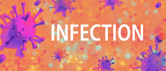 Infection theme with viruses and viral objects on flatlay overhead background
