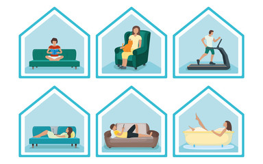 Set people character stay home, relax house, concept house roof isolated on white, flat vector illustration. Person male, female resting.