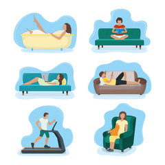 Set of people character stay home, relax house, concept isolated on white, flat vector illustration. Person male, female resting.