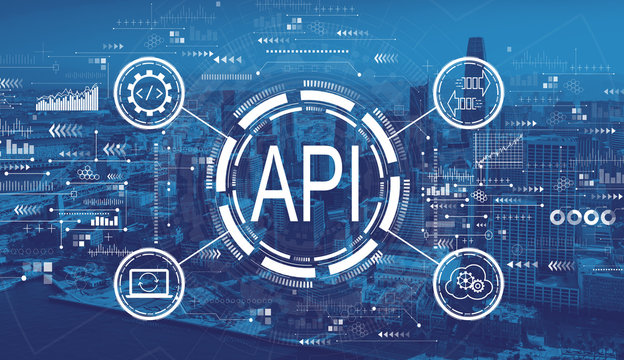 API - application programming interface concept with downtown San Francisco skyline buildings