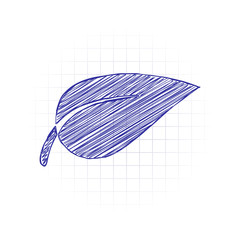 leaf icon. Hand drawn sketched picture with scribble fill. Blue ink. Doodle on white background