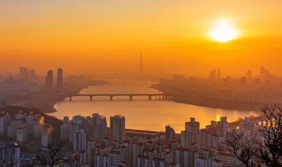 Naklejka premium Sunset of Seoul City Skyline,South Korea.