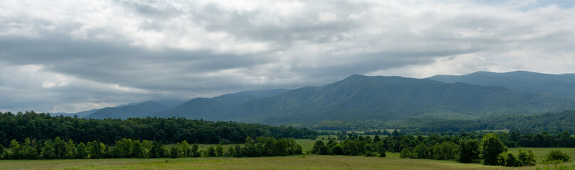 Panoramic view of the mountains.  Cades Cove, Great Smokey Mountains, Tennessee. 