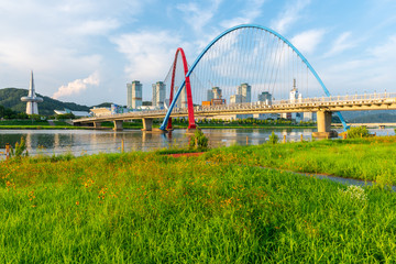 Colorful bridge and reflection Expo Bridge in Daejeon, South Korea.