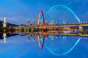 Colorful bridge and reflection Expo Bridge in Daejeon, South Korea. - obrazy, fototapety, plakaty