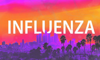 Fototapeta na wymiar Coronavirus Influenza theme with downtown Los Angeles skyscrapers and palm trees