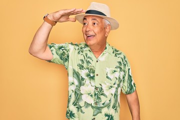 Middle age senior grey-haired man wearing summer hat and floral shirt on beach vacation very happy and smiling looking far away with hand over head. Searching concept.