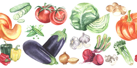Seamless border. Watercolor vegetables. Hand drawn Illustrations on white background.