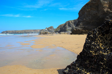 Bedruthan Steps (England), UK - August 13, 2015: Bedruthan Steps beach and coast, Cornwall, United...