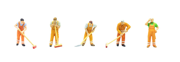 Miniature people as street cleaning worker posing in posture isolated on white background.