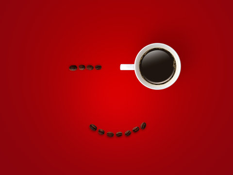 Abstract image of Top view white coffee mug or cup with coffee beans in smile face emotional.
