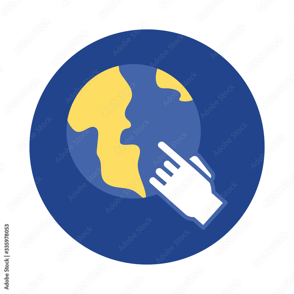 Poster earth planet with hand cursor block and flat style