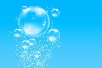 Abstract image of Realistic water bubbles in transparent blue water.