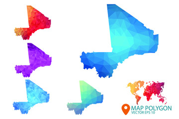 Mali Map - Set of geometric rumpled triangular low poly style gradient graphic background , Map world polygonal design for your . Vector illustration eps 10.