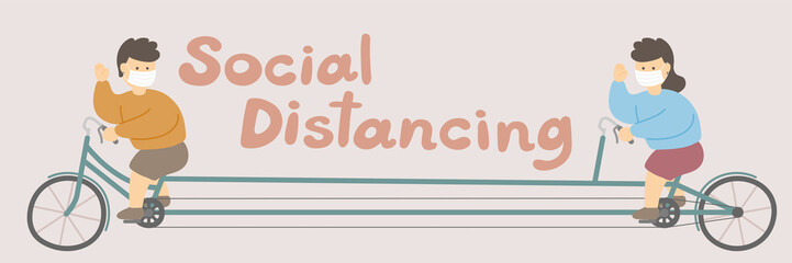 Man and woman with mask and bicycle keep distance to protection covid-19 outbreak, Social distancing concept poster or social banner design illustration on background with copy space, vector eps 10