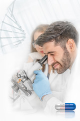 caucasian researcher using microscope in laboratory with overlay of DNA strain and drug capsule of coronavirus covid 19 antiviral on white background, coronavirus covid 19 anti flu drug research