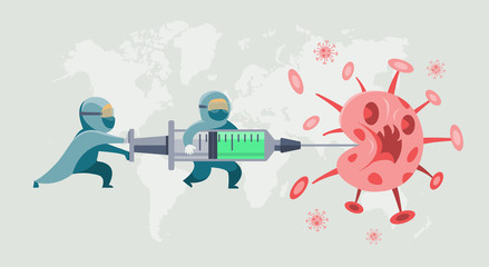 People in protective suit are using the syringe to virus, cleaning and disinfect Covid-19, cartoon style