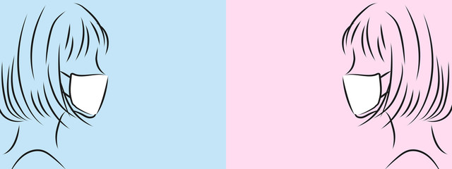 社会距離拡大戦略(Social Distancing)マスクをつけた女性のイラスト。新型コロナ/感染症/ウイルス拡散停止/減速/予防/対策イメージ