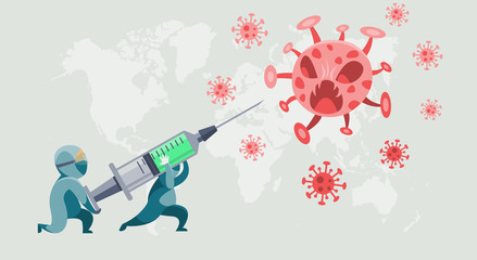 People in protective suit are using the syringe to fighting with virus, cleaning and disinfect Covid-19, cartoon style