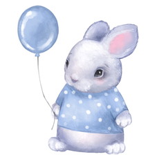 Fototapeta na wymiar Cute Bunny with Blue Balloon. Isolated on white